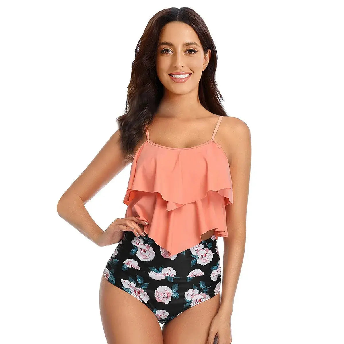 Coral ruffle bandeau-style tankini top with high-waist floral print bikini bottoms