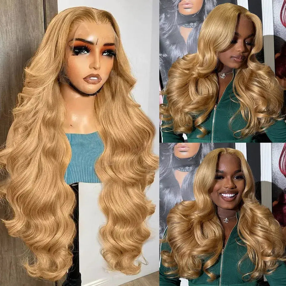 Honey blonde body wave lace front wig with long loose waves and natural part