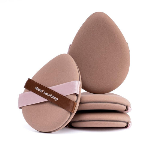 Teardrop makeup sponge puff set, brown sponges with mauve crossband and logo