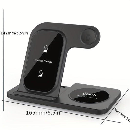 Black wireless charging stand with watch holder and phone charging surface