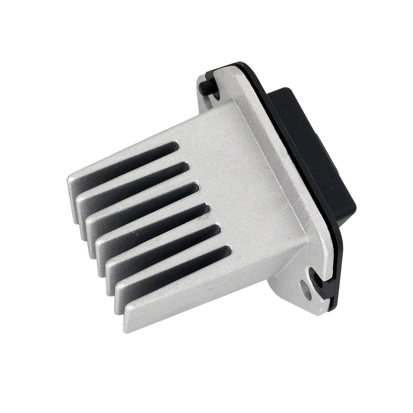 Heater fan resistor with silver metal heat sink, black side cover, and mounting holes