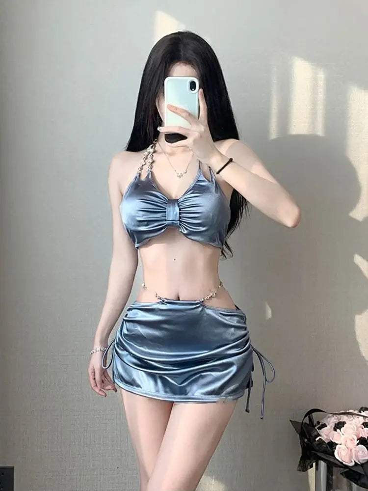 Women’s silver satin bikini set with gathered triangle bra top and ruched mini skirt
