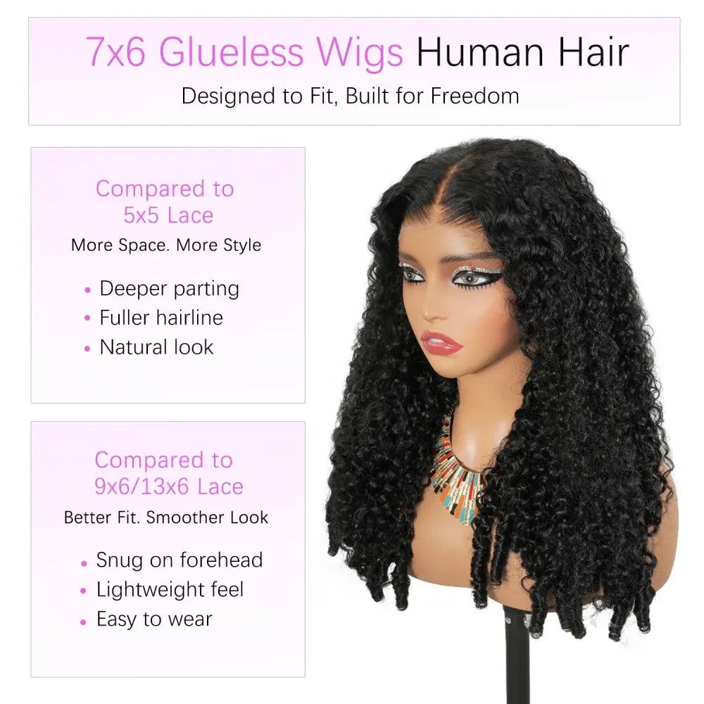 Human hair curly wig with dark voluminous curls and transparent lace front on mannequin