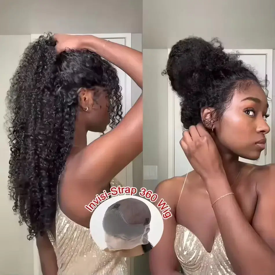 Curly black 360 lace wig with wide hairline and thin lace edge, back/side view