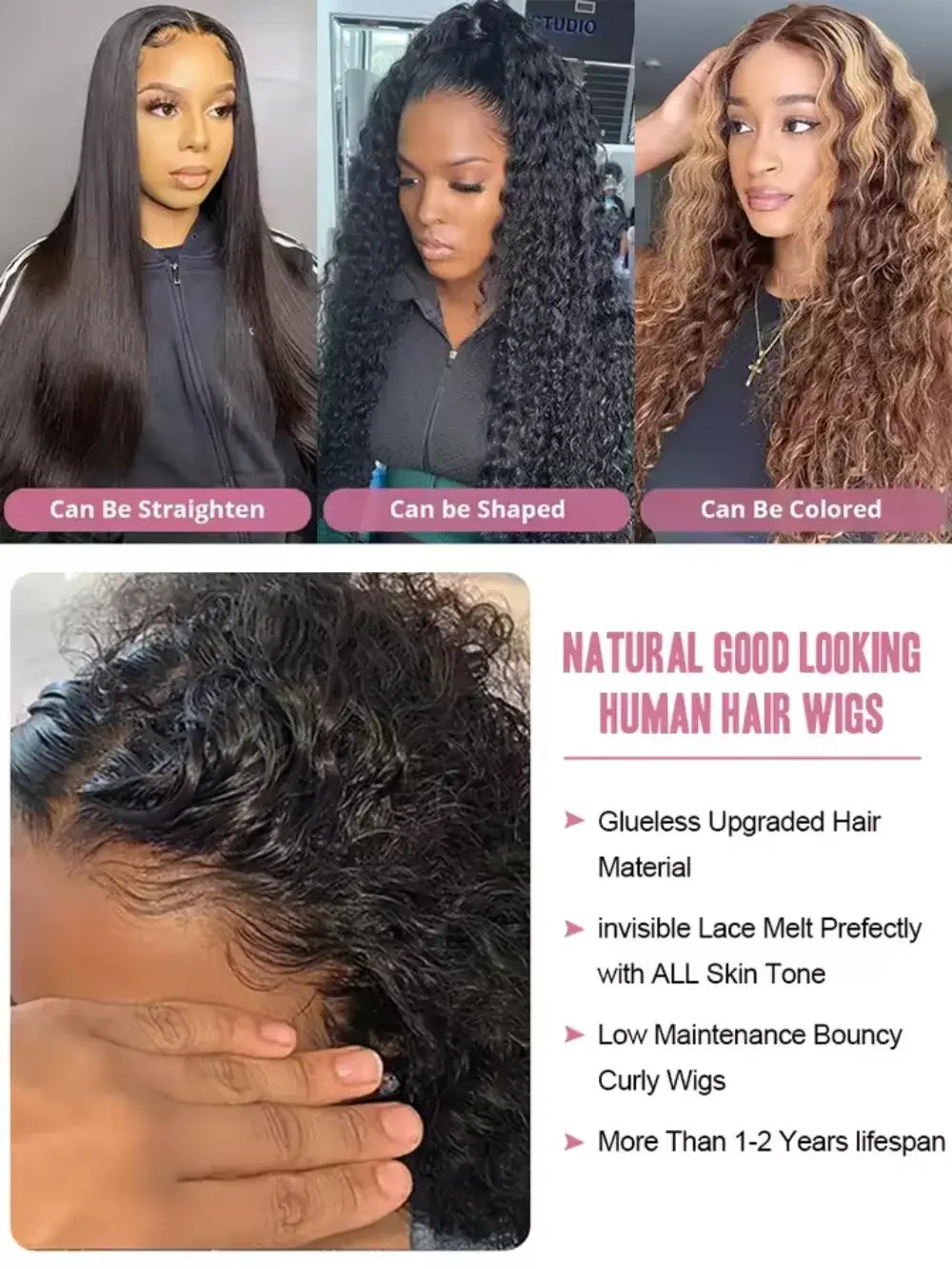 Long black deep-wave wig with natural-looking part, shown from front and side