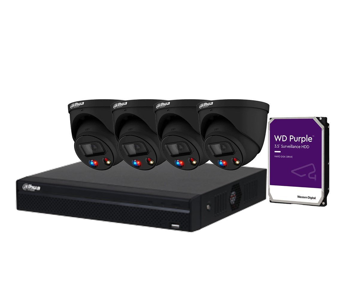 Dahua AI TiOC 4x 6MP CCTV Cameras (Black) DH-IPC-HDW3649H-AS-PV-ANZ-S2-BLK, 4CH  WizSense NVR DHI-NVR4104HS-4P Kit