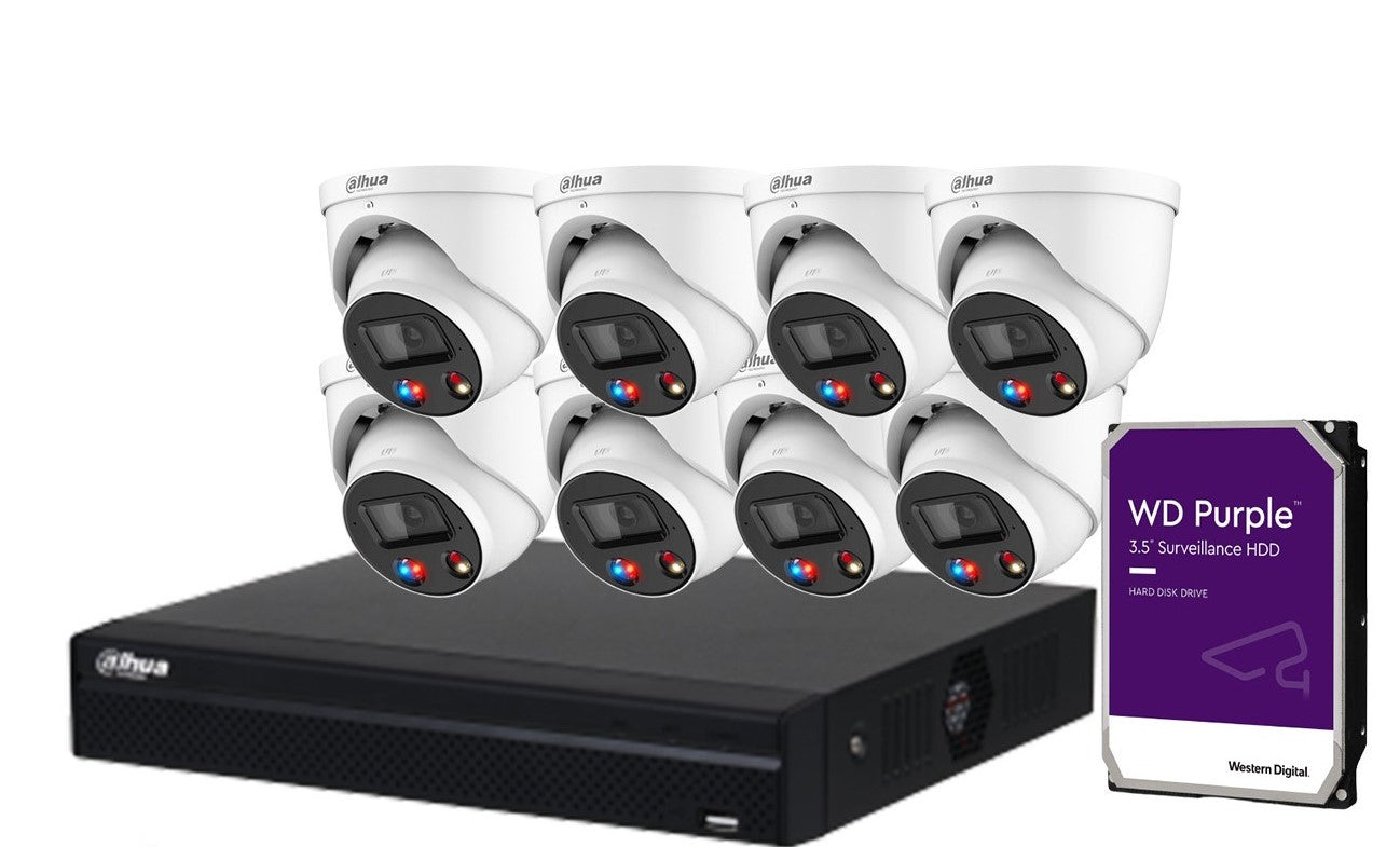 Dahua 8x 6MP TiOC 2.0 Active Deterrence Turret IP CCTV Kit – DH‑IPC‑HDW3649H‑ZAS‑PV‑ANZ (White) + DHI‑NVR4108HS‑8P‑AI/ANZ & WD Purple HDD