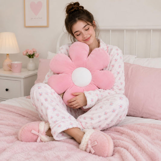 Pink daisy plush pillow, soft petal cushion with white center, hugged while relaxing