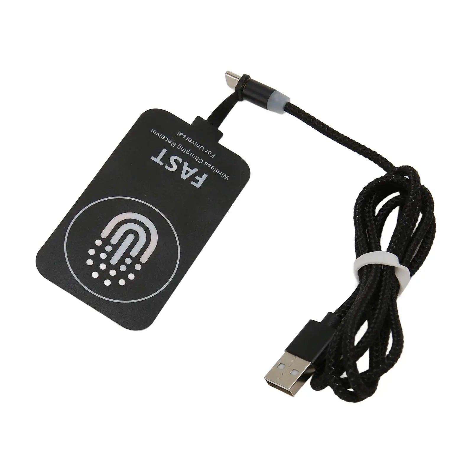 Black wireless charging receiver patch with USB-A to Type-C cable and braided cord