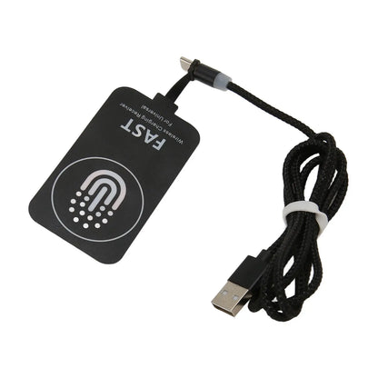 Black wireless charging receiver patch with USB-A to Type-C cable and braided cord