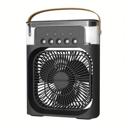 Black portable humidifier fan air cooler with front fan grille and top handle
