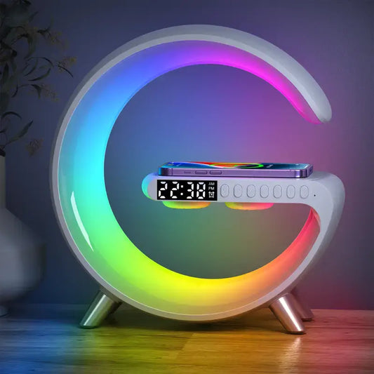 Crescent night lamp with multicolor LED glow, digital clock screen and charging cradle