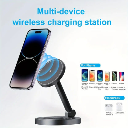 Multi-device wireless charging station with phone stand and magnetic disk, gray