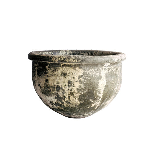Weathered gray stone planter bowl with dark rim and speckled surface