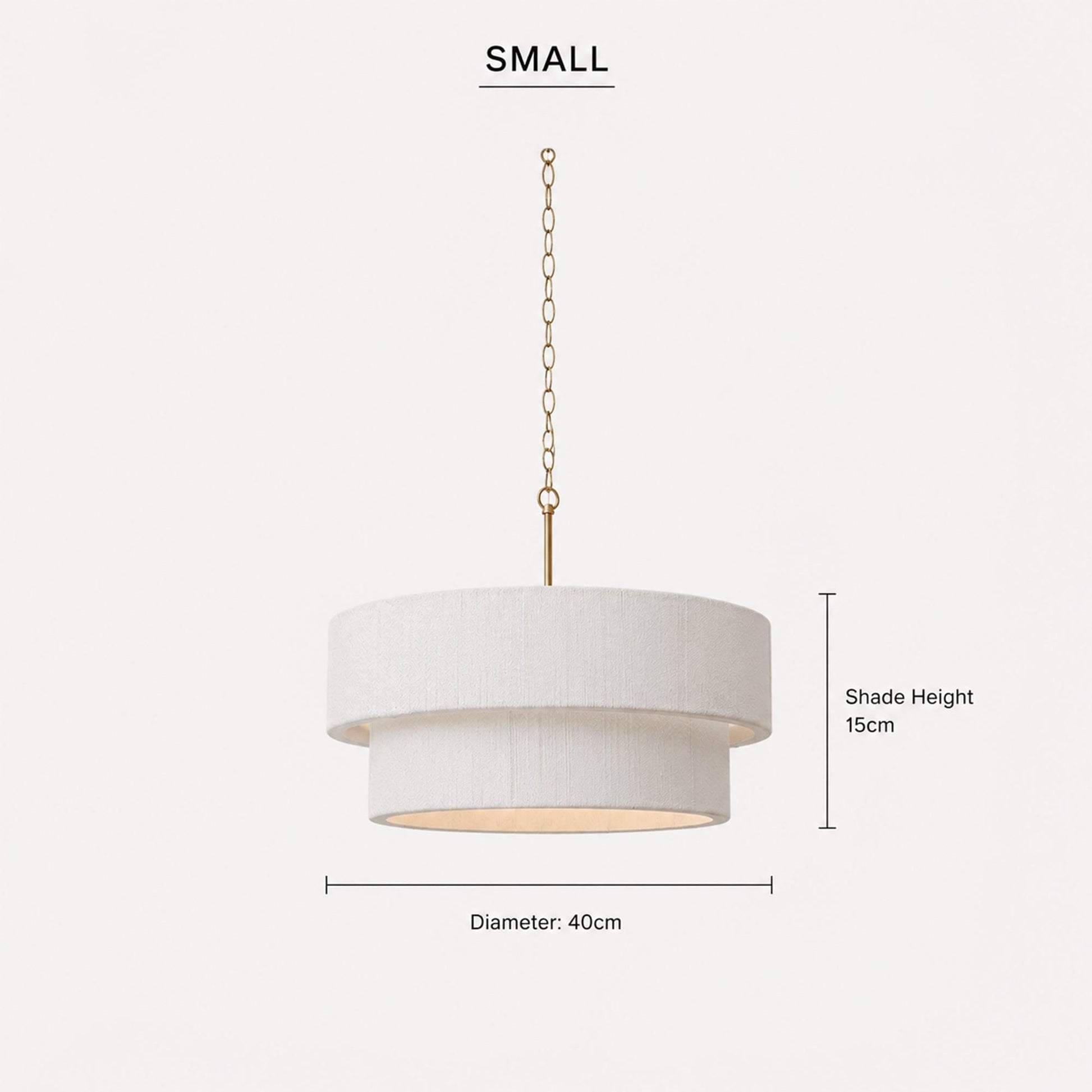 Small white linen double-tier rope chandelier with gold chain and compact fabric shades