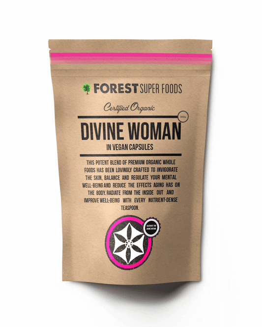 Divine Woman multivitamin capsules pouch, kraft paper with pink top strip and logo