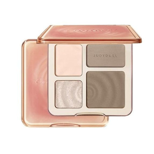 Contour & highlight palette with four pans: pale highlight, pink, champagne shimmer, taupe