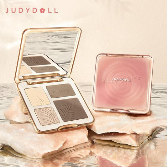 Rose-gold compact contour & highlight palette with mirror and four pans: cream, blush, shimmer, gray-taupe