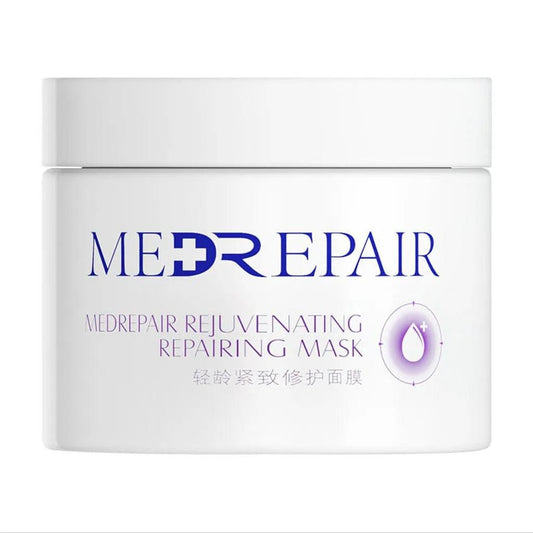 White repairing mask jar with blue Medrepair logo and purple drop icon
