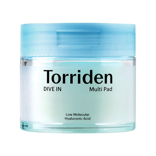 Hyaluronic acid toner pad jar with blue lid and white label, Torriden Dive In Multi Pad