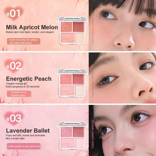 Blush and highlight palette with four pans, featuring soft peach tones