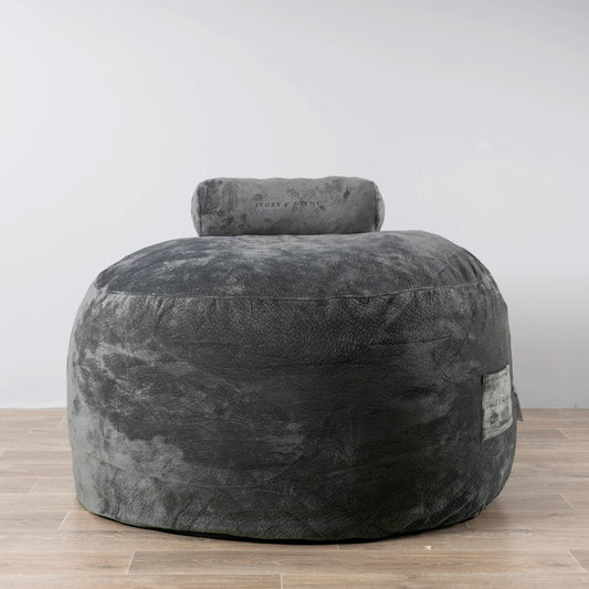 Gray velvet beanbag lounger with integrated headrest, soft round liner only