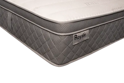 ROYALE Tencel mattress corner view with grey quilted fabric and side label