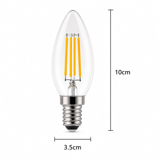 Clear E14 candle LED bulb with filament-style cool white light; 10 cm tall