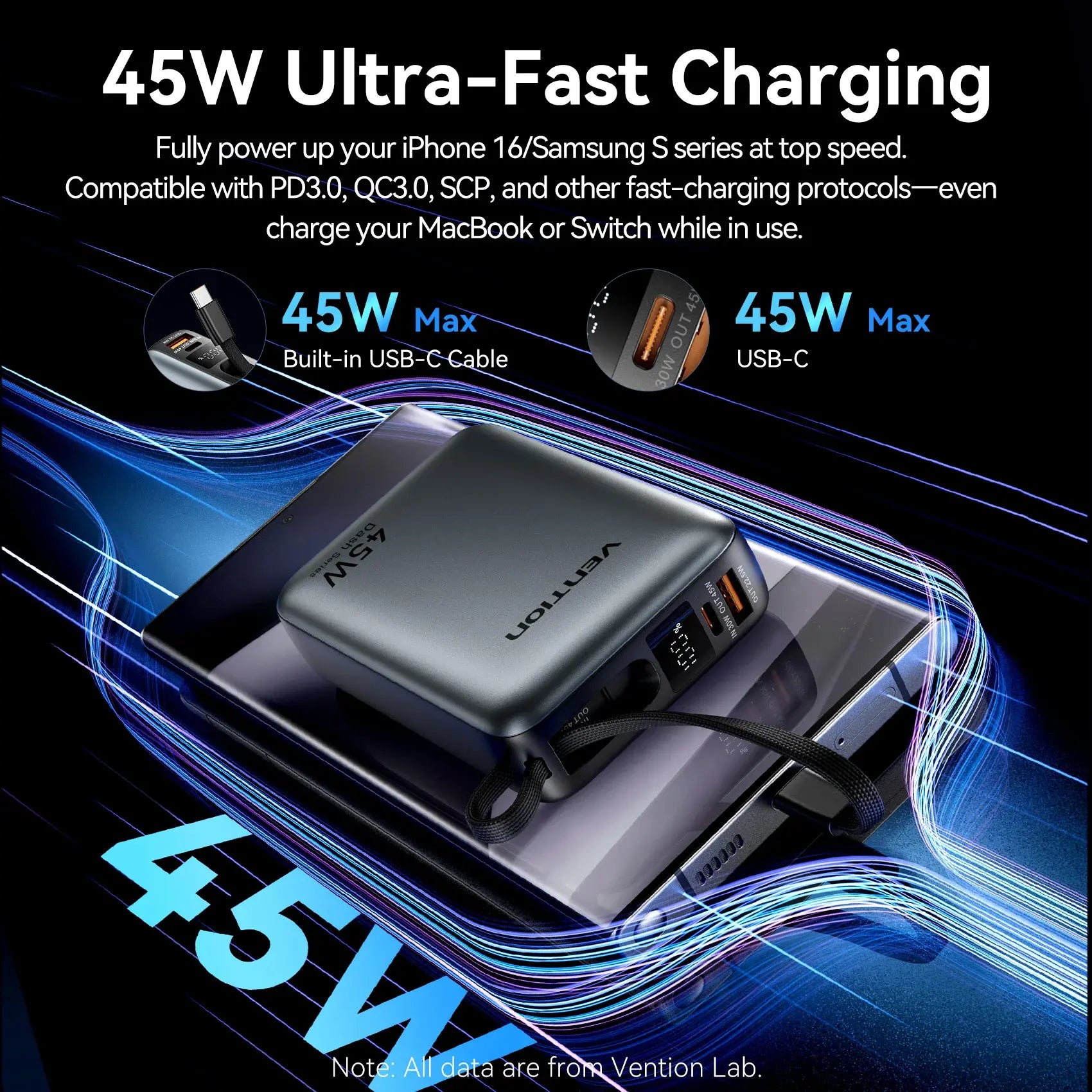 Dark gray power bank with built-in USB-C cable and lanyard strap, portable charger body.