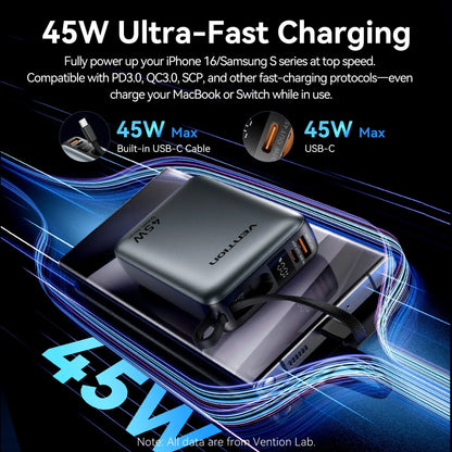 Dark gray power bank with built-in USB-C cable and lanyard strap, portable charger body.