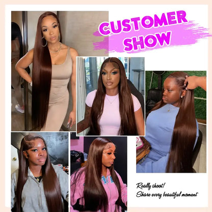 Chocolate brown straight lace front wig on model, long sleek hair with natural part