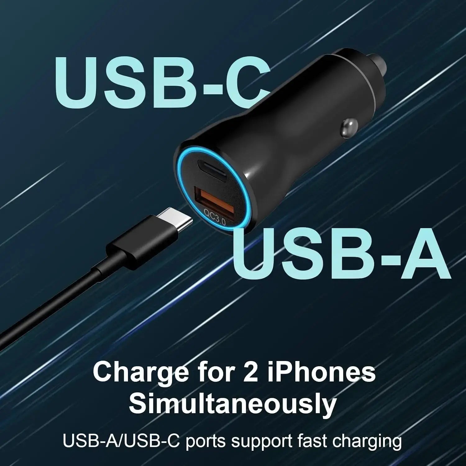 Black car charger with USB-C and USB-A ports and attached USB cable