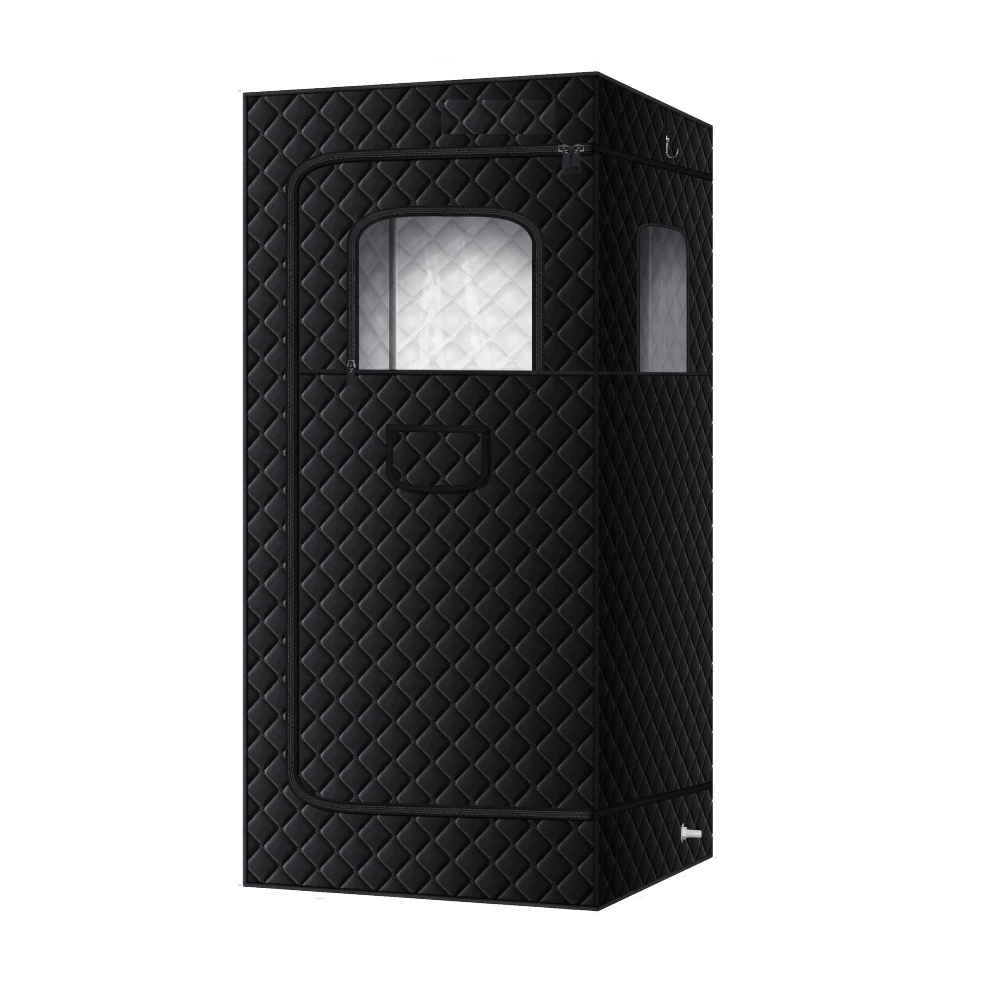 Black quilted full-body sauna tent with arched front door window and access panel