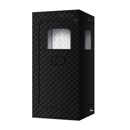 Black quilted full-body sauna tent with arched front door window and access panel