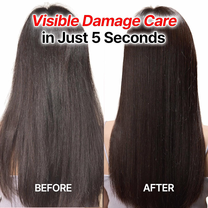 Before-and-after hair comparison for damaged hair care, long dark hair