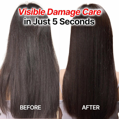 Before-and-after hair comparison for damaged hair care, long dark hair