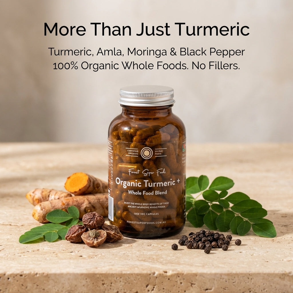 Turmeric+ Whole Food Blend jar with turmeric root, moringa leaves, and peppercorns