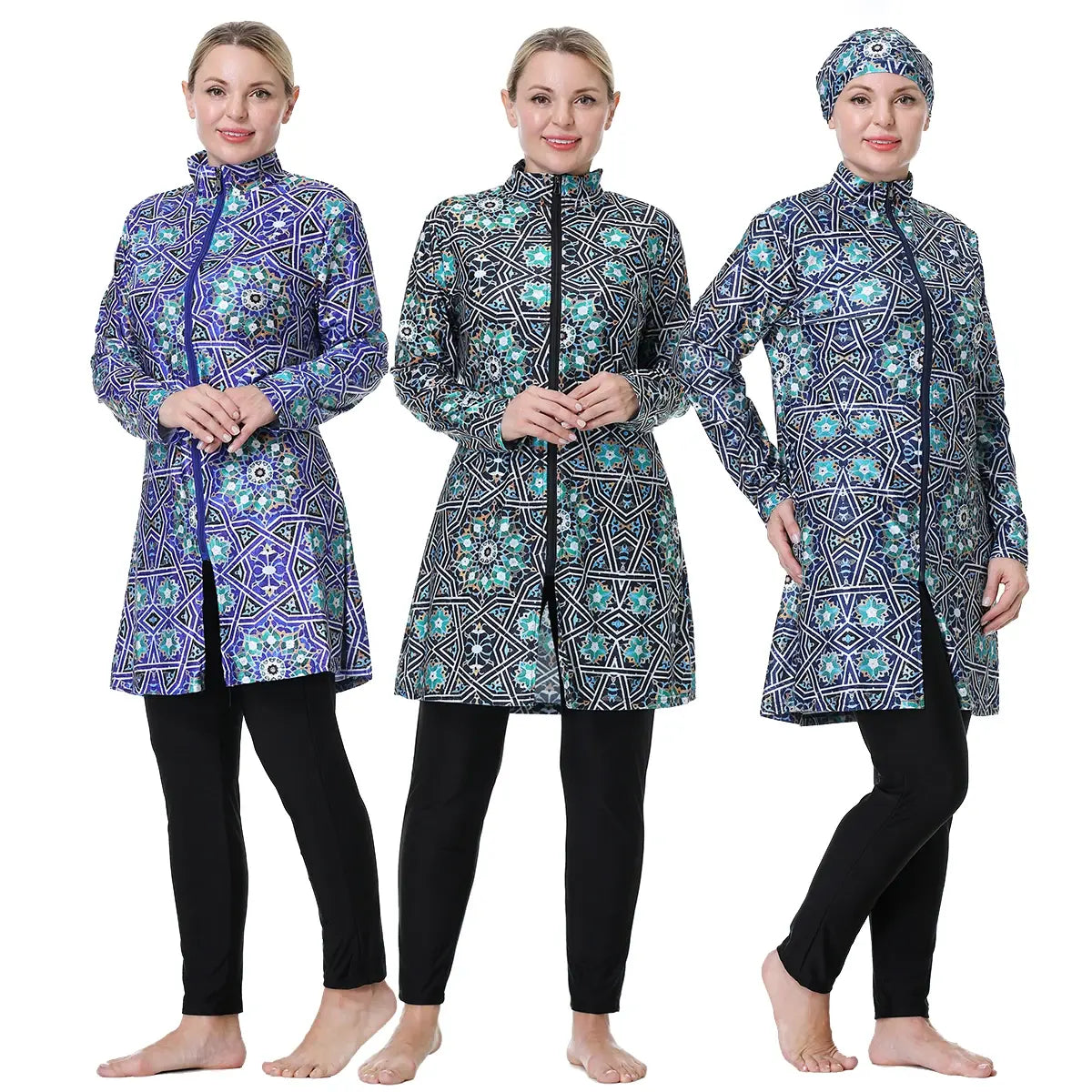 Three-piece modest swim set with patterned tunic, matching headscarf, and black leggings