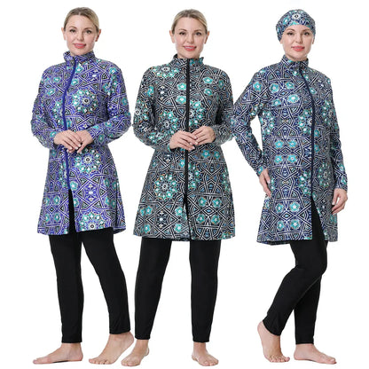 Three-piece modest swim set with patterned tunic, matching headscarf, and black leggings