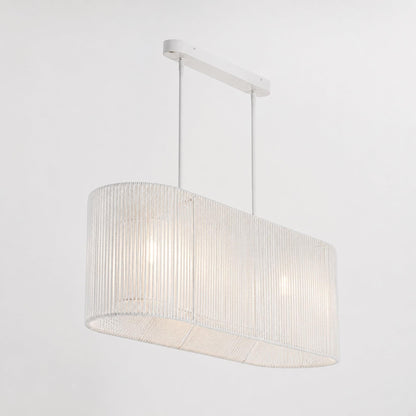 White rope pendant light with drum-shaped fabric shade and hanging rod