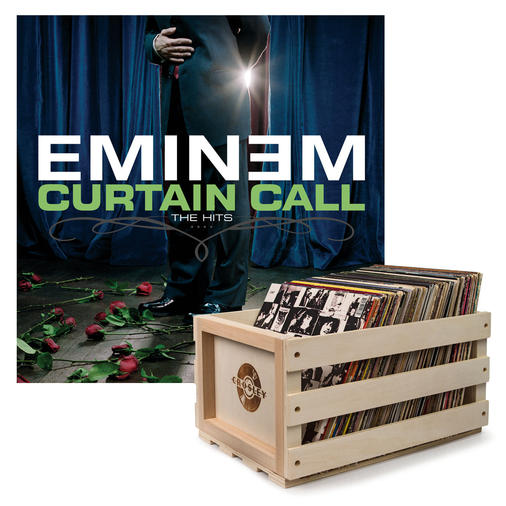 Wooden record storage crate with front logo and open top holding vinyl records