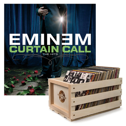 Wooden record storage crate with front logo and open top holding vinyl records
