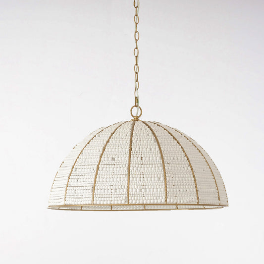 Gold chain pendant light with dome shade of white beaded mesh and arched ribs