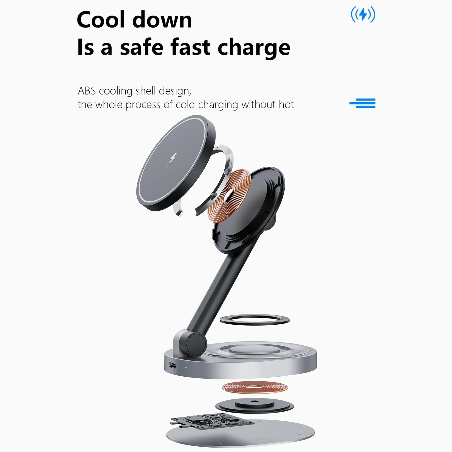 Wireless charging stand with cooling shell design and magnetic charging disk