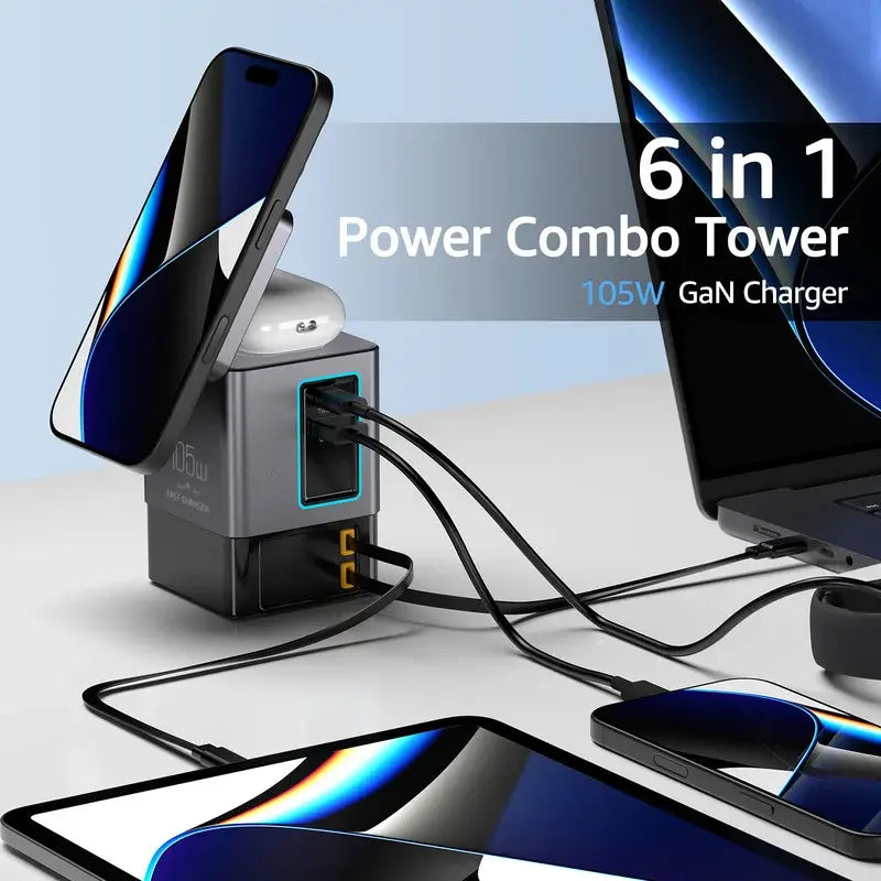 Black multi-port charger tower with retractable cable connected to laptop and phone