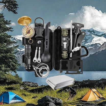 Camping survival kit in black case with compass, tactical flashlight, and multi-tools