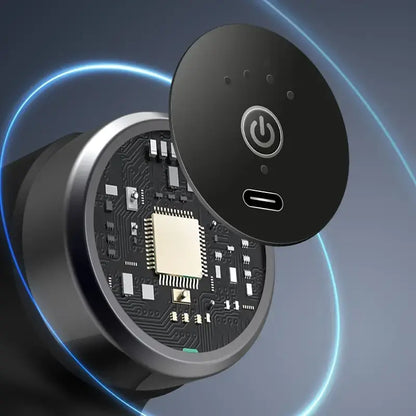 Black mini massage gun head open to show internal circuit board and controls