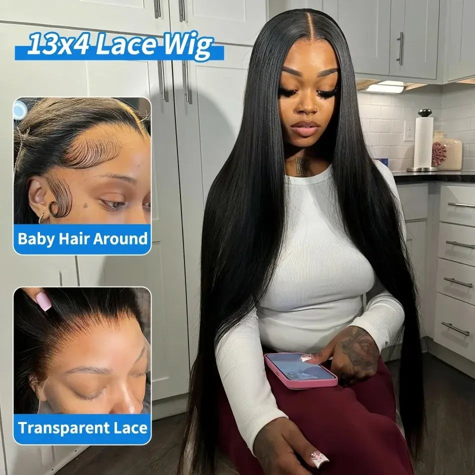 Black 13x4 lace front human hair wig with transparent lace, long straight style