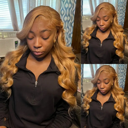 Honey blonde body wave lace front wig with long loose waves and natural hairline