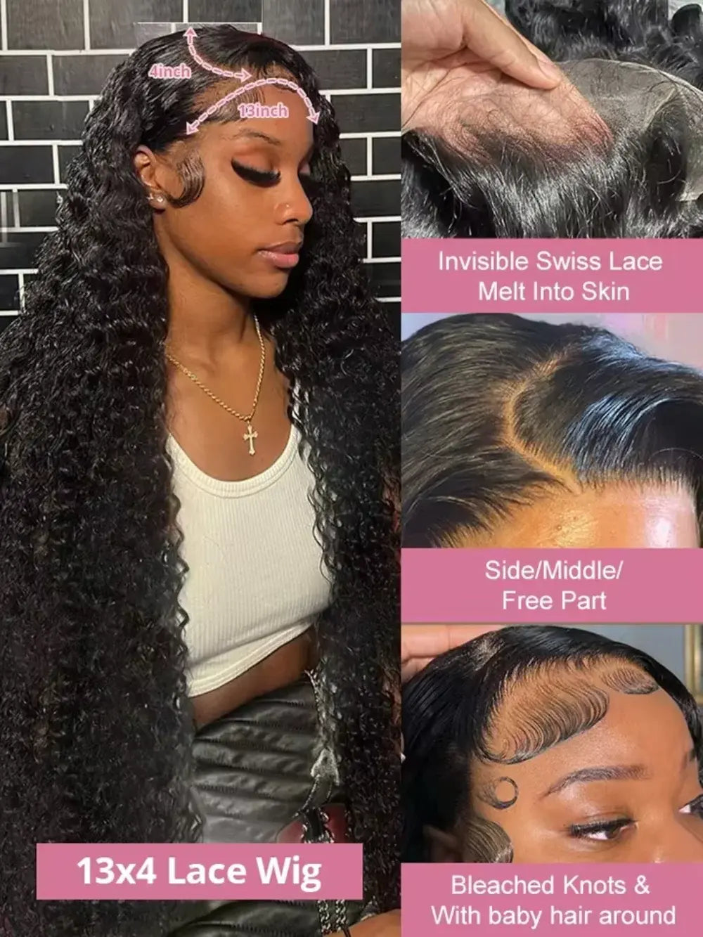 Black 13x4 lace wig with invisible Swiss lace; side and top views